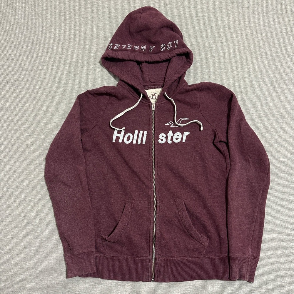 Hollister Los Angeles Graphic Full Zip Hoodie Long Sleeves Burgundy Mens Size M